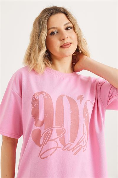 Bisiklet Yaka Kısa Kollu Tshirt Pembe