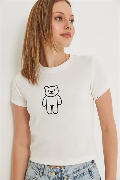 Ayıcık Nakışlı Kaşkorse Bluz Beyaz