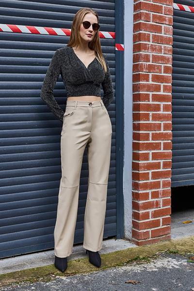 Kadın Bol Paça Tam Kalıp Deri Pantalon Bej