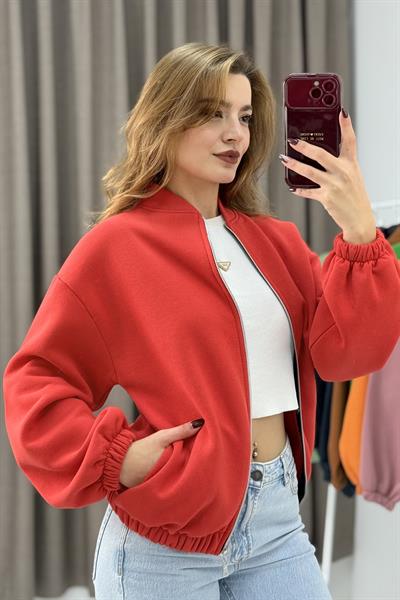 Üç İplik Şardonlu Kırmızı Beli Lastikli Fermuarlı Hırka