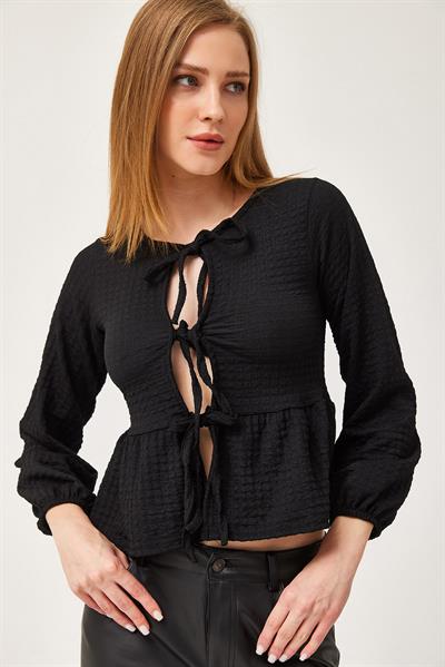 Bağlama Detaylı Esnek Örme Bluz Siyah