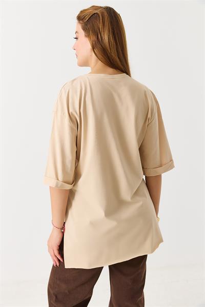 Kadın Figürlü Baskılı Bisiklet Yaka Tshirt Krem