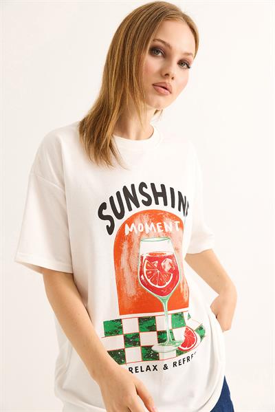 Baskılı Rahat Kalıp Tshirt Beyaz