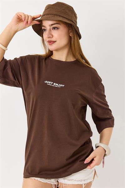 Kadın Yazı Baskılı Bisiklet Yaka Tshirt Kahverengi