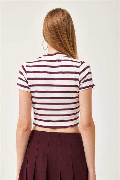 Çizgili Bisiklet Yaka Crop Bluz Mor