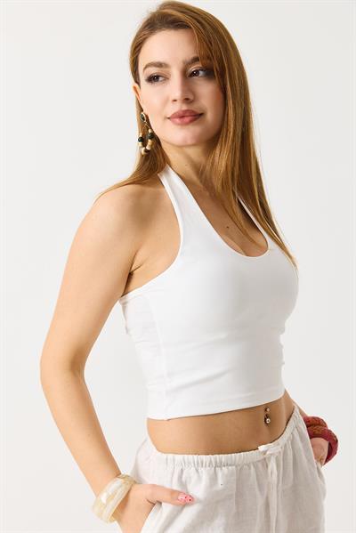 Kadın Boyundan Askılı  Crop Bluz Beyaz