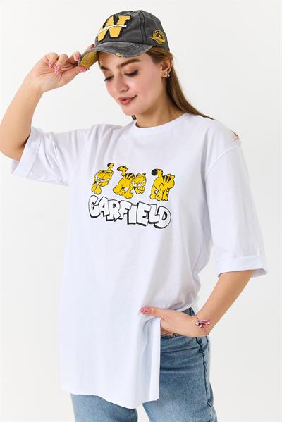 Kadın Garfield Baskılı Yanları Yırtmaçlı Bisiklet Yaka Tshirt Beyaz
