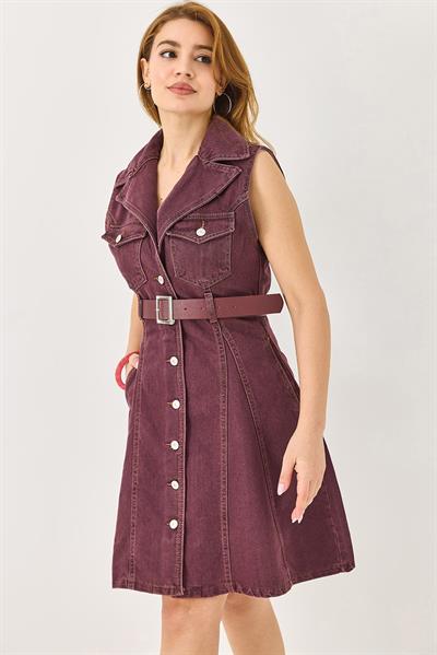Kemerli Önden Düğmeli Kolsuz Denim Elbise Mürdüm