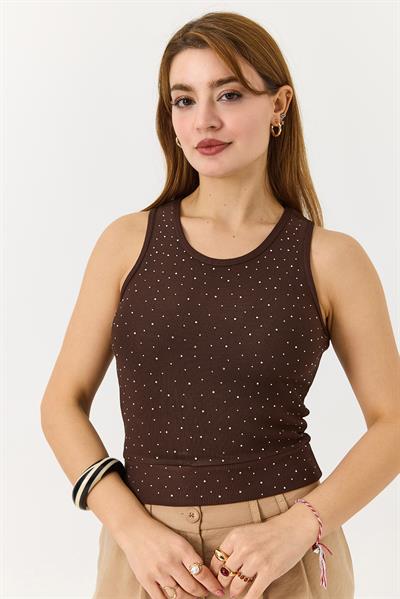 Kadın Taş Detaylı Kaşkorse Kalın Askılı Bluz Kahverengi