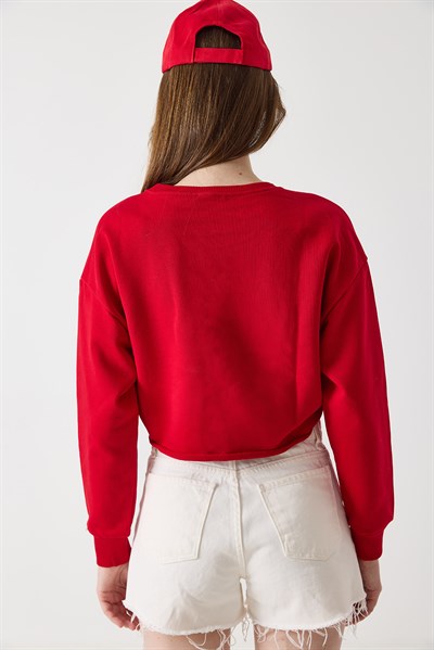 Kadın İki iplik Crop Sweatshirt Kırmızı