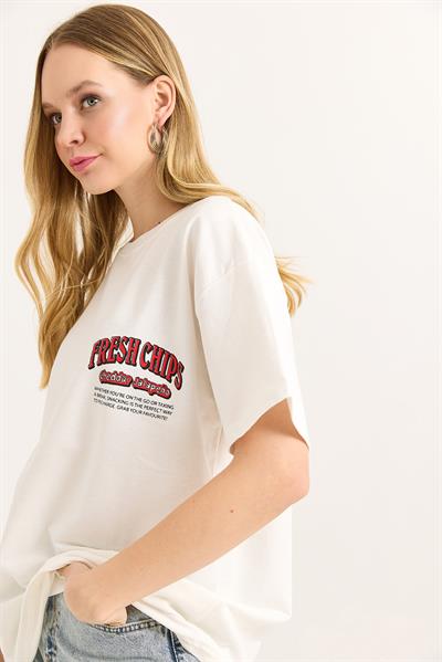 Rahat Kesim Baskılı Kadın Tshirt Beyaz