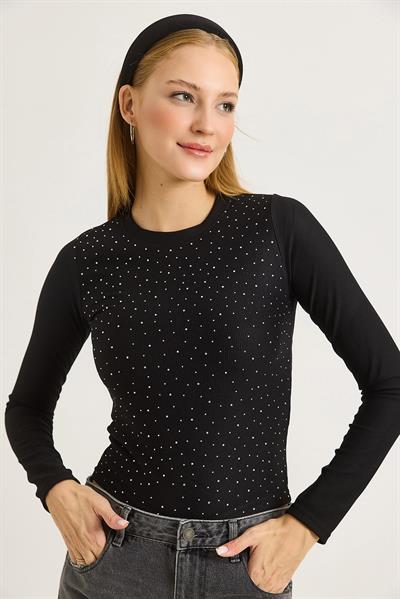 Kadın Ottoman Bisiklet Yaka Taşlı Bluz Siyah