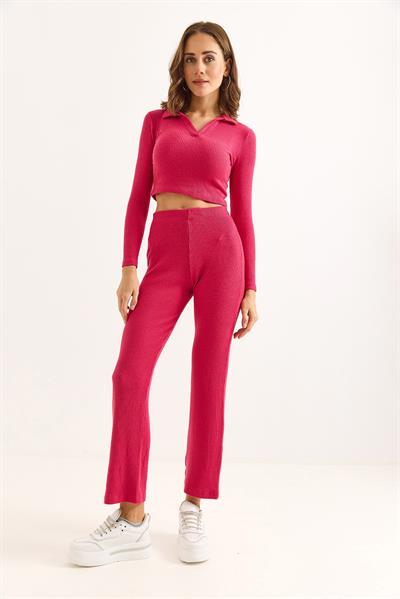 Kadın Polo Yaka İkili Fitilli Takım Pembe