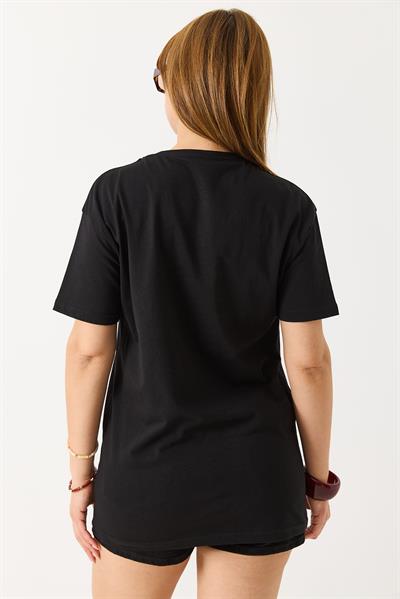 Kadın Free Happy Yazılı Bisiklet Yaka Tshirt