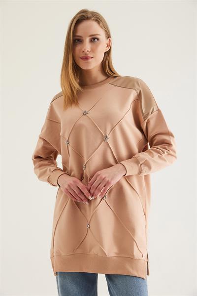 Deri Garnilli Taşlı İki İp Tunik Vizon