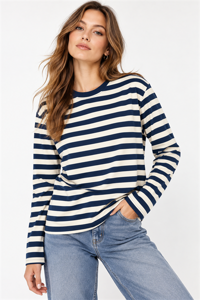 Kadın Çizgi Desenli Sweatshirt Lacivert