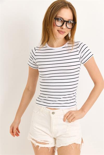 Bisiklet Yaka Likralı Pamuk Tshirt Beyaz