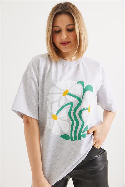 Baskılı Bisiklet Yaka Tshirt Açık Gri
