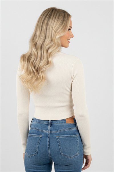 Kadın Uzun Kollu Kaşkorse Yıldız Nakışlı Crop Bluz Beyaz