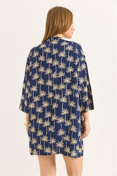 Kimono Şortlu Desenli Dokuma Kadın İkili Takım Lacivert