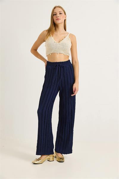 Geniş Paça Pileli Belden Bağlamalı Pantalon Lacivert