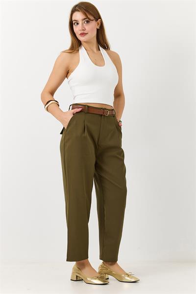 Kadın Kemerli Cepli Mom Kumaş Pantolon Haki