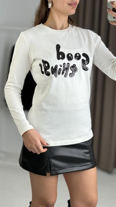 Kadın Beyaz Pul İşlemeli Uzun Kollu Tshirt