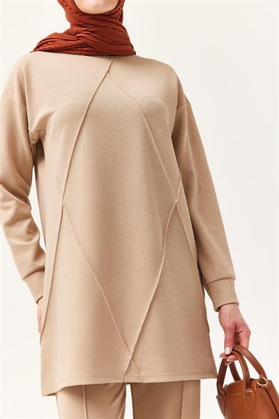 Kadın Çapraz Çizgili İkili Takım Bej