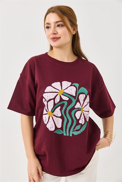 Baskılı Bisiklet Yaka Tshirt Bordo
