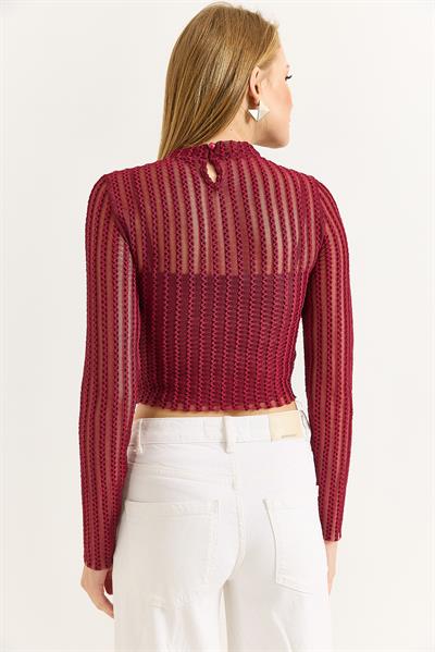 Kadın İkili İçi Askılı Crop Uzun Kollu Şifon Bluz Bordo