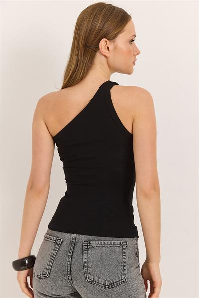 Tek Omuz Esnek Kumaş Bluz Siyah