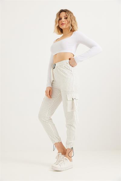  Yanları Cepli  Paça Lastikli Keten Pantolon  Beyaz