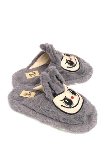 Figürlü Peluş Ev Terliği Gri