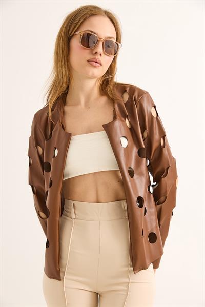Lazer Kesim Delikli Model Ceket Kahverengi