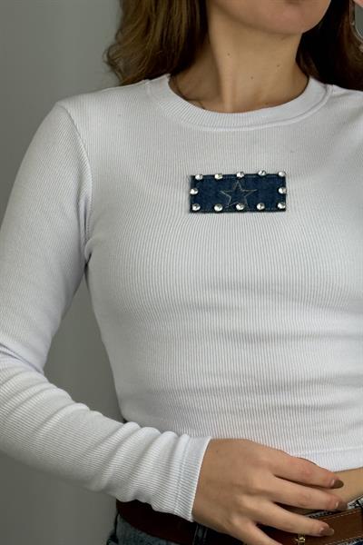 Kadın Uzun Kollu Kaşkorse  Kot Üzerine Yıldız Nakışlı Crop Bluz BEYAZ