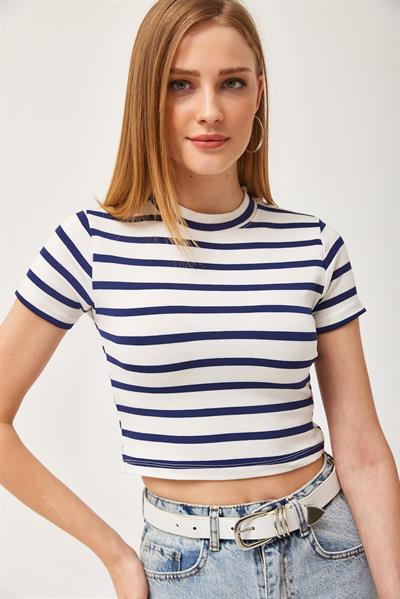 Çizgili Bisiklet Yaka Crop Bluz Lacivert