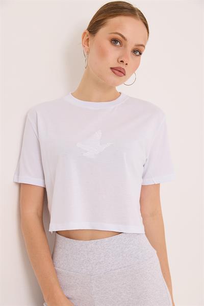 Karikatür Kuş Kabartma Baskılı Örme Crop Tshirt Beyaz