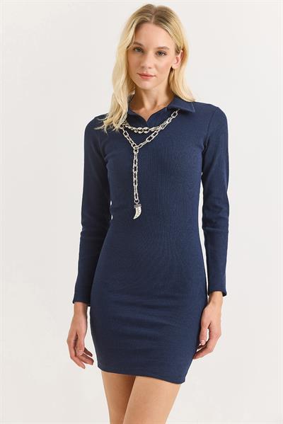 Kadın Polo Yaka Mini Elbise Lacivert