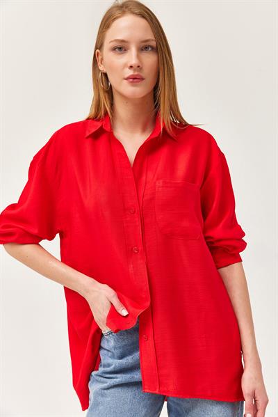 Uzun Kollu Cep Detaylı Basic Gömlek Kırmızı
