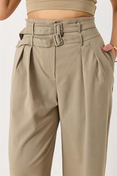 Kadın Çift Kemerli Salaş Kesim Bol Paça Pantolon Vizon