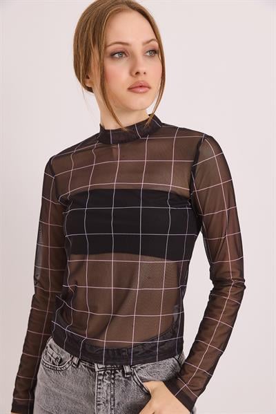 Desenli Siyah Transparan Esnek Şık Bluz Siyah