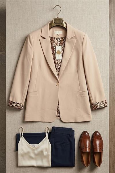 Kadın İç Astarı Leoparlı Tek Düğmeli Ceket Pudra