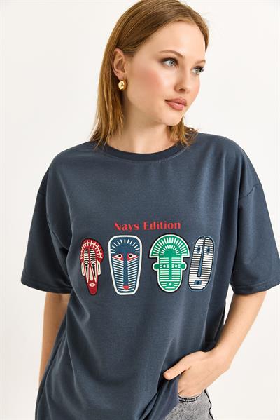 Baskılı Oversize Tshirt Füme