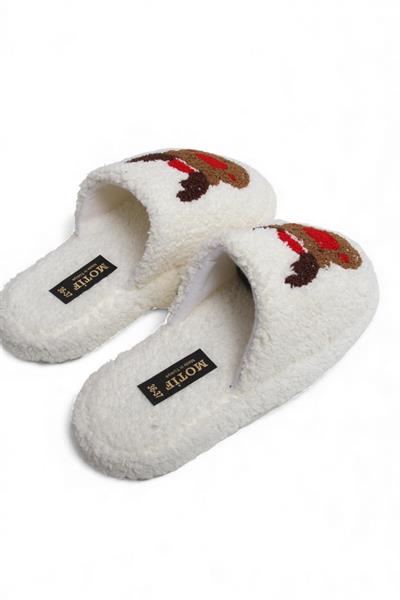 Kadın Yılbaşı Geyik Figürlü Peluş Ekru Ev Terliği