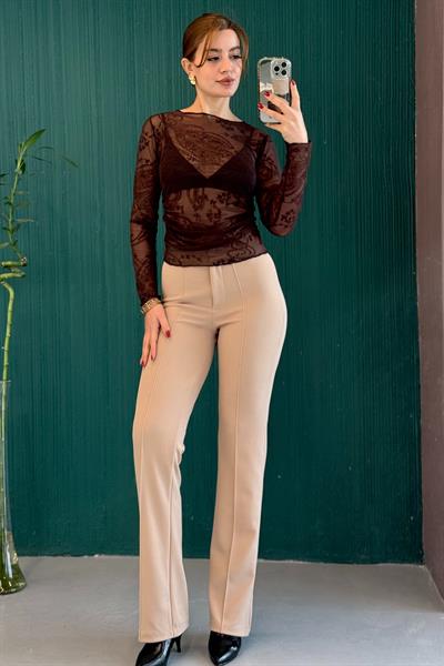 Likralı Krep Örme Kumaşı Çımalı Bej Pantolon