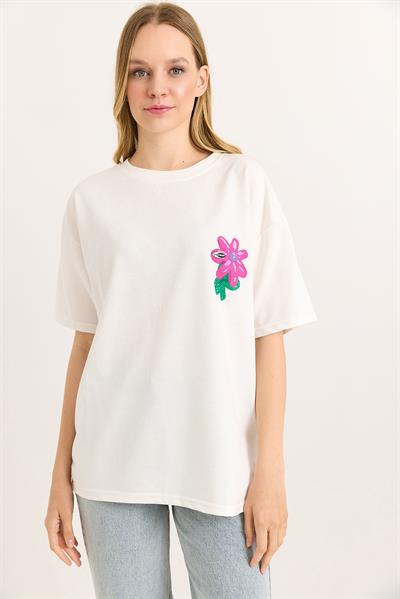 Baskılı Bisiklet Yaka Basic Tshirt Beyaz