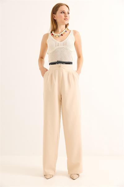 Geniş Paça Kemeri Garnili Palazzo Pantolon Bej