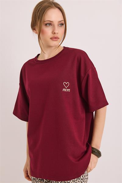 Mom Nakışlı Oversize İki İplik Tshirt Bordo