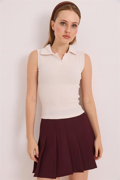 Sıfır Kol Polo Yaka Basıc Örme Kaşkorse Bluz Ekru