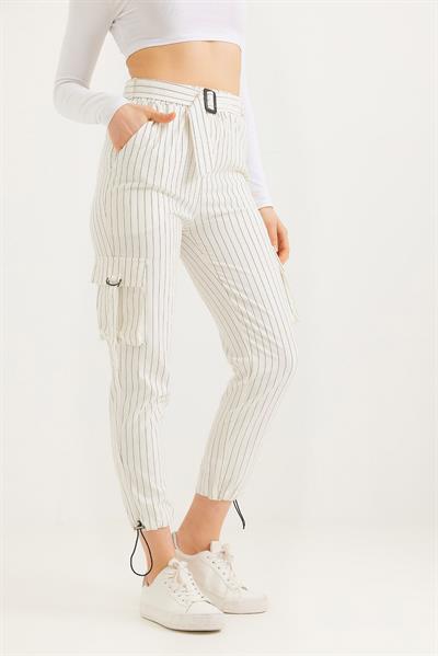  Yanları Cepli  Paça Lastikli Keten Pantolon  Beyaz